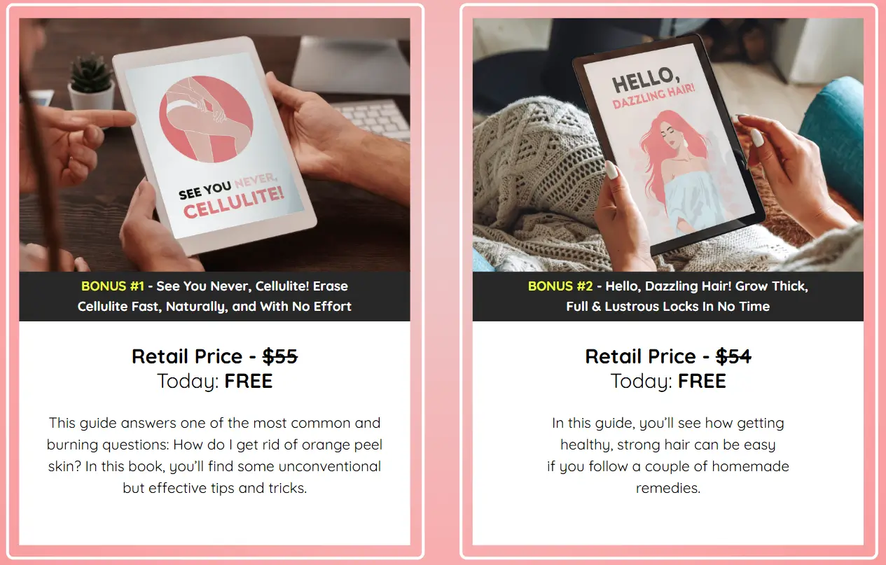 PrimeBiome Canada includes 2 free bonuses – Cellulite Erase and Dazzling Hair growth guides