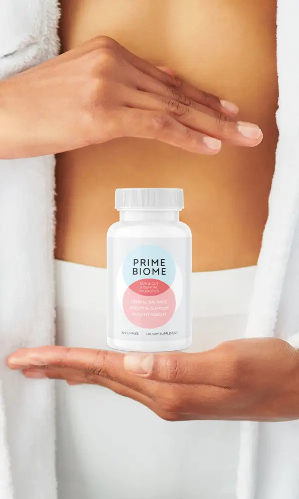 PrimeBiome supplement bottle with herbal ingredients – probiotics for skin and gut health in Canada